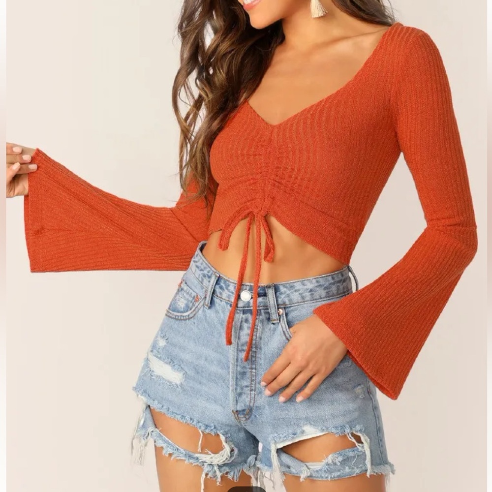 Dark Orange Knit Crop Top with Bell Sleeves